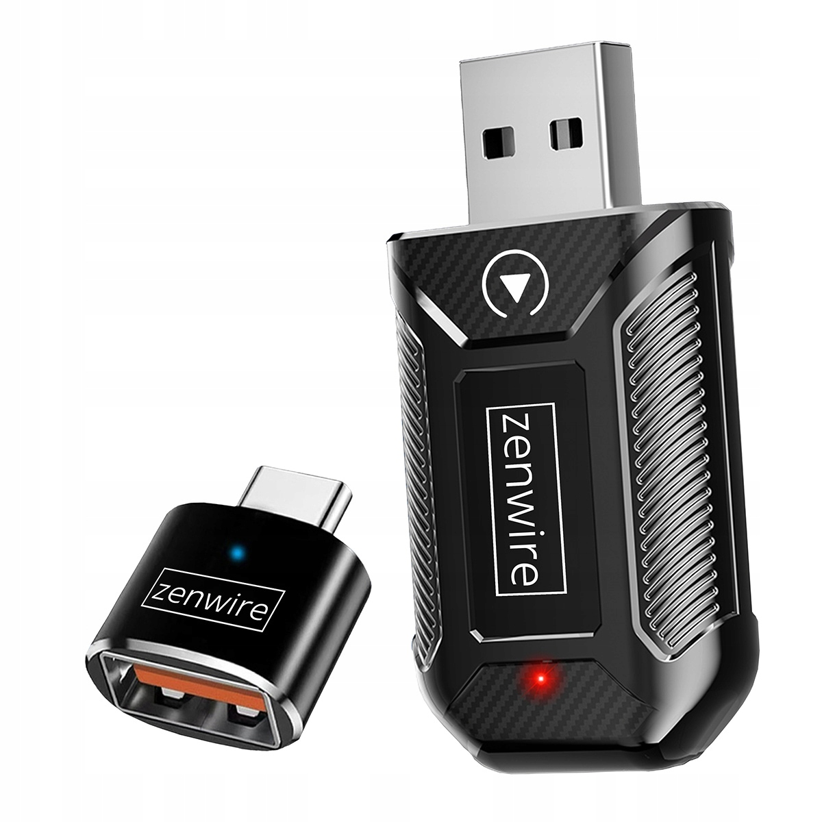 Dwa czarne adaptery Zenwire, jeden z wtyczką USB-A, drugi USB-C.