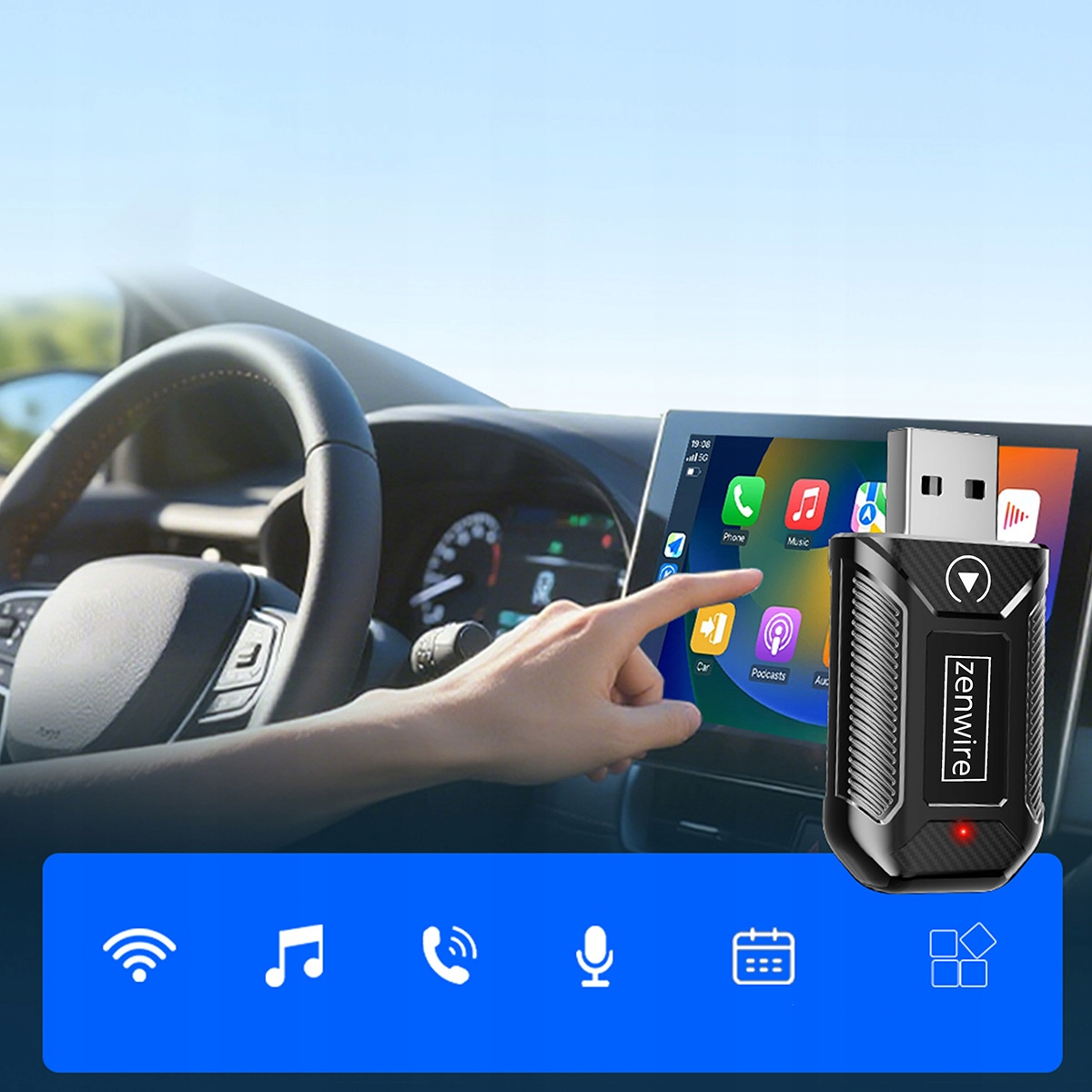 Dłoń wchodzi w interakcję z ekranem multimedialnym samochodu z adapterem USB.