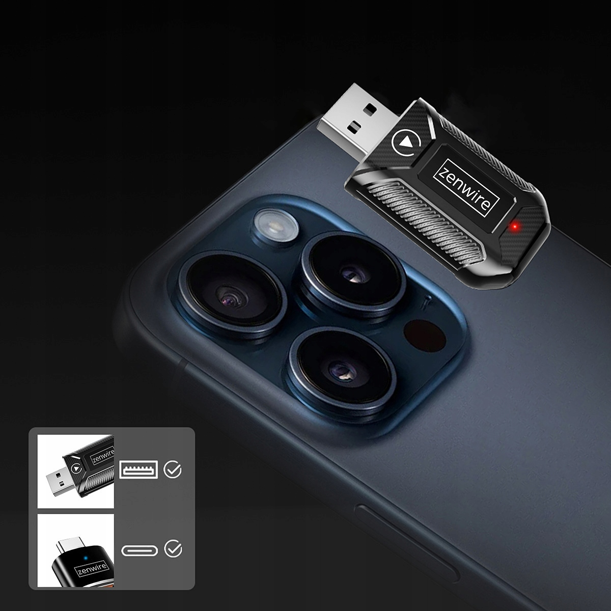 Adapter USB-C podłączony z tyłu smartfona. Małe obrazki pokazują połączenia.