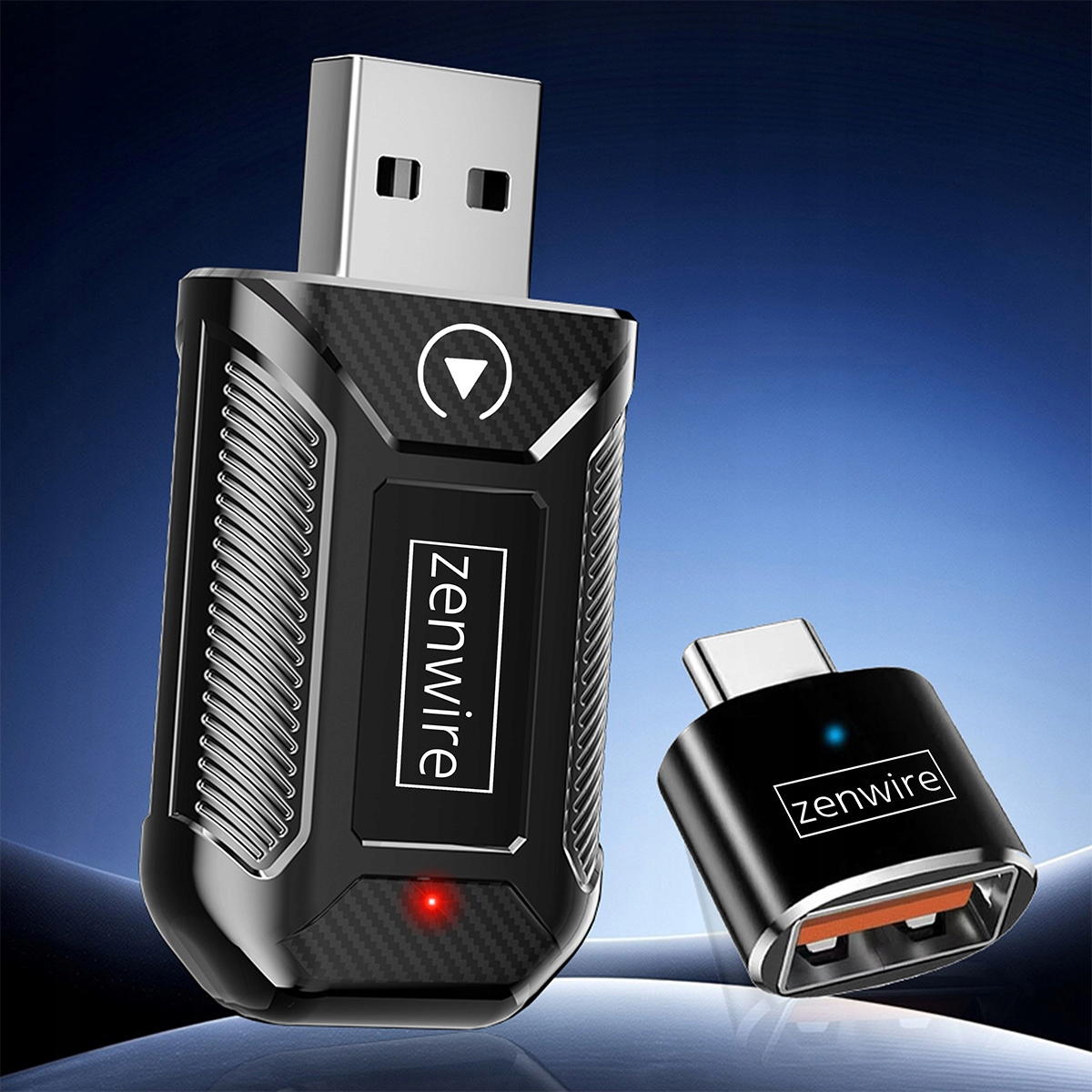 Dwa czarne adaptery USB, jeden z wtyczką USB-A, drugi z wtyczką USB-C.