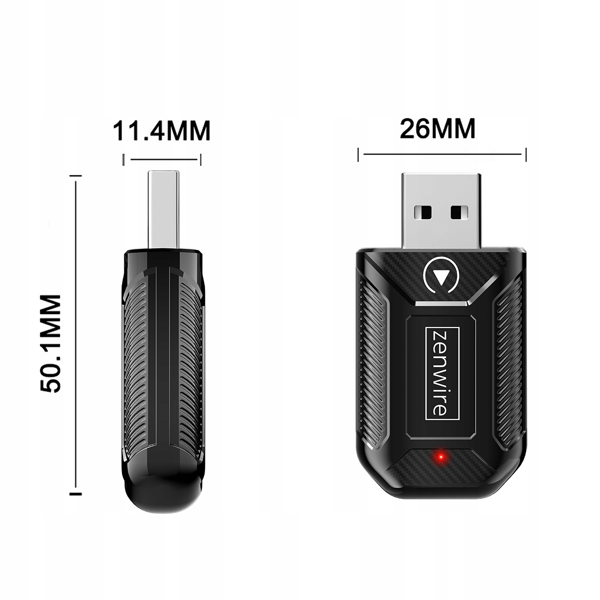 Dwa czarne adaptery USB, jeden 50,1x11,4 mm, drugi 26 mm szerokości.