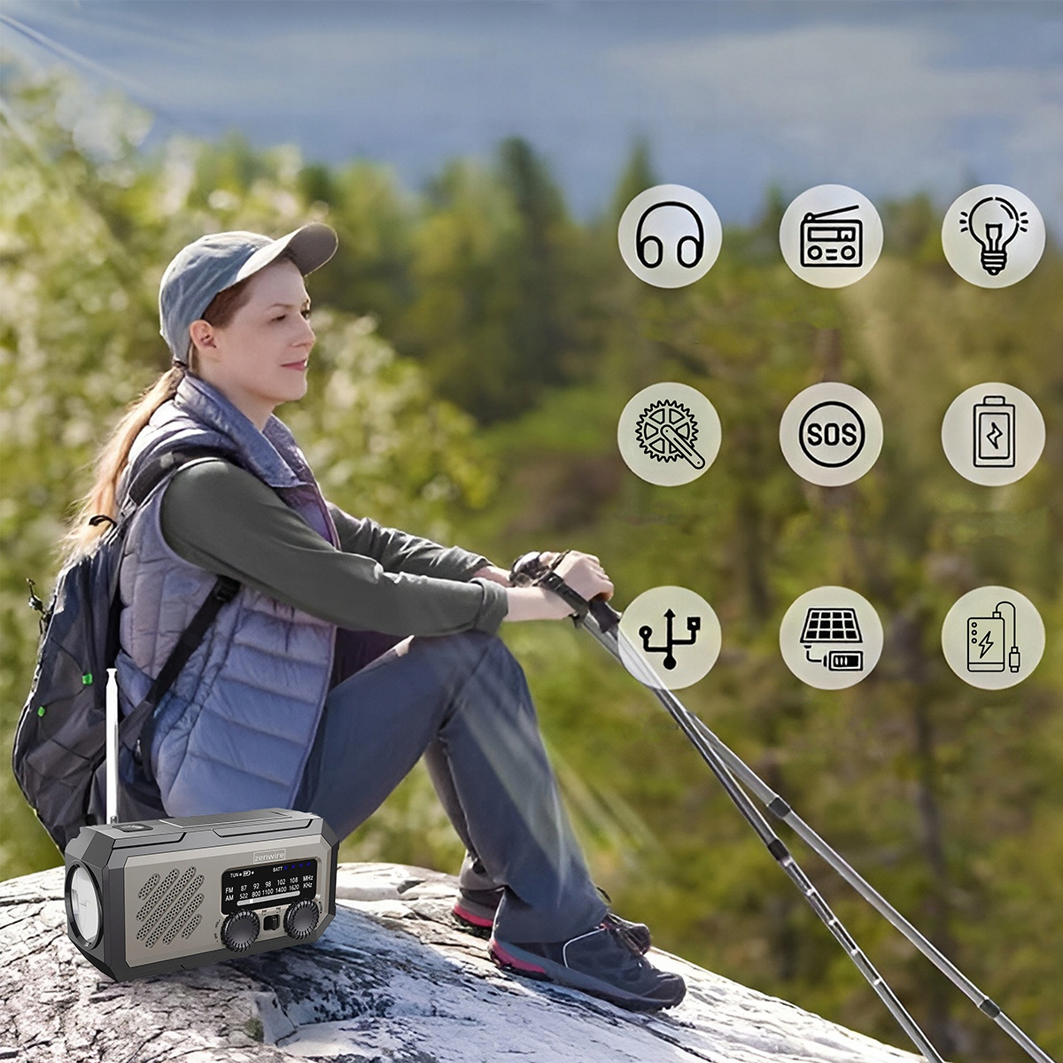 Kobieta z plecakiem i radiem na skale, otoczona ikonami natury.