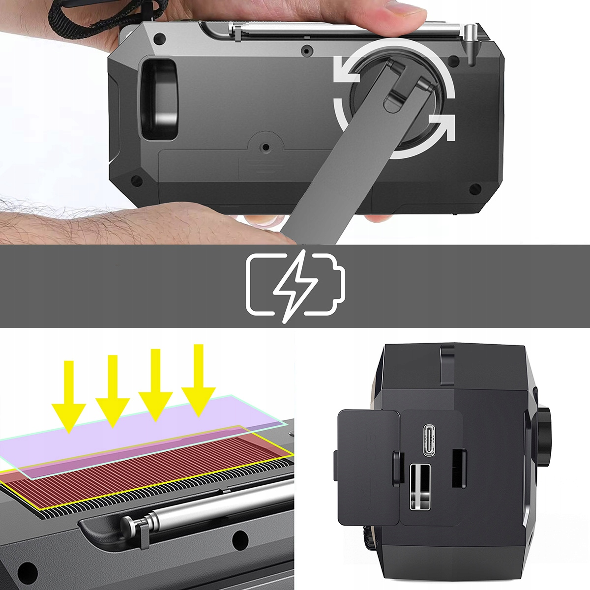 Ręka trzyma szare urządzenie. Zbigniew panelu słonecznego, portów USB.