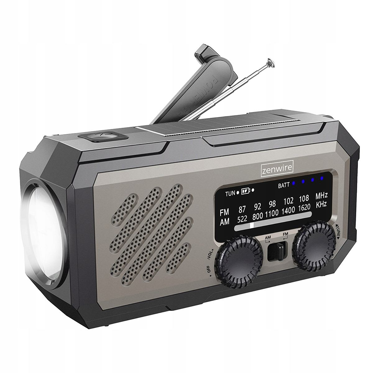 Przenośne radio awaryjne z latarką, panelem słonecznym i korbką. Szaro-czarne.