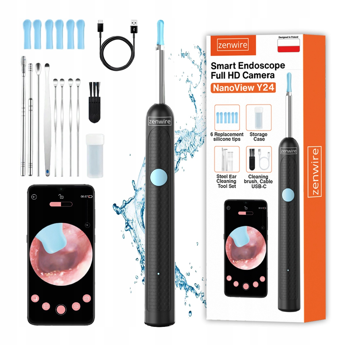Inteligentny endoskop Zenwire z akcesoriami: narzędzia, ekran telefonu, kabel.