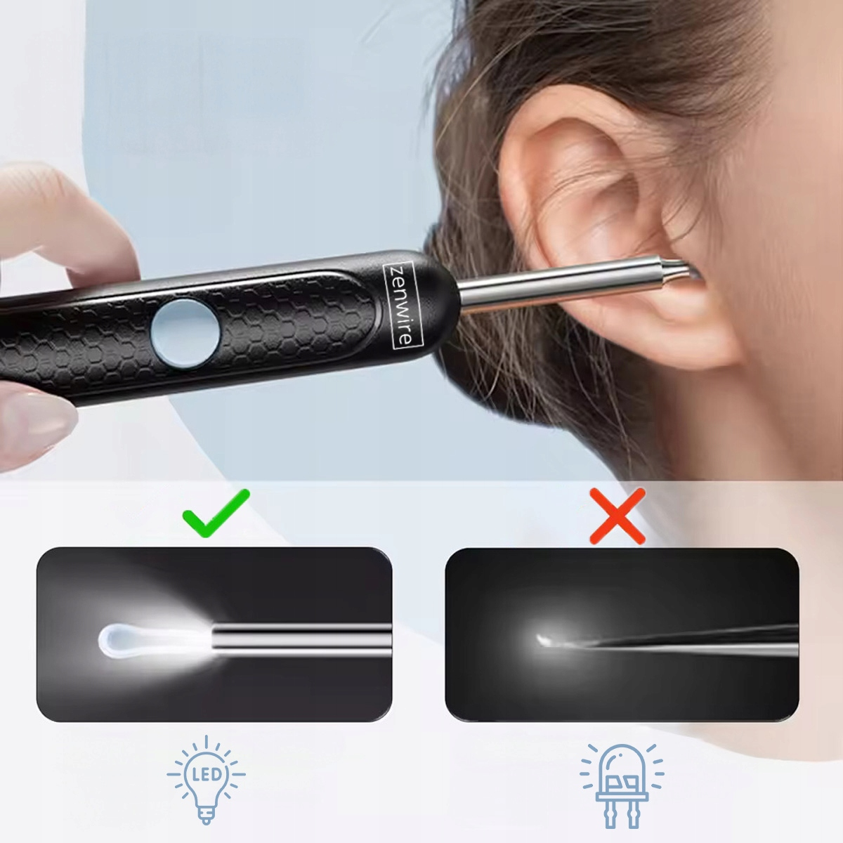 Narzędzie do czyszczenia ucha z diodą LED jest wkładane do ucha. Pokazuje prawidłowe i nieprawidłowe użycie.