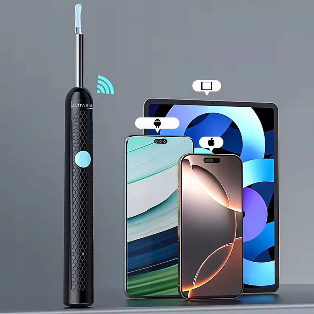 Czarny przyrząd do usuwania woskowiny Zenwire obok trzech smartfonów i tabletu.