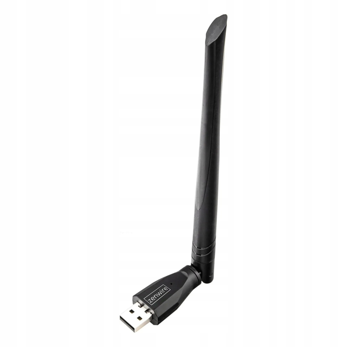 Czarny adapter Wi-Fi USB z anteną stoi na białym tle.