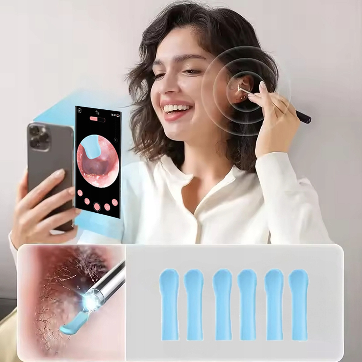 Kobieta używa zestawu do czyszczenia uszu z aplikacją i akcesoriami.