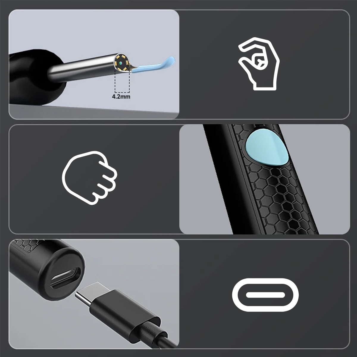 Zbliżenie endoskopu o szerokości 4,2 mm, ikony rąk i złącze USB-C.