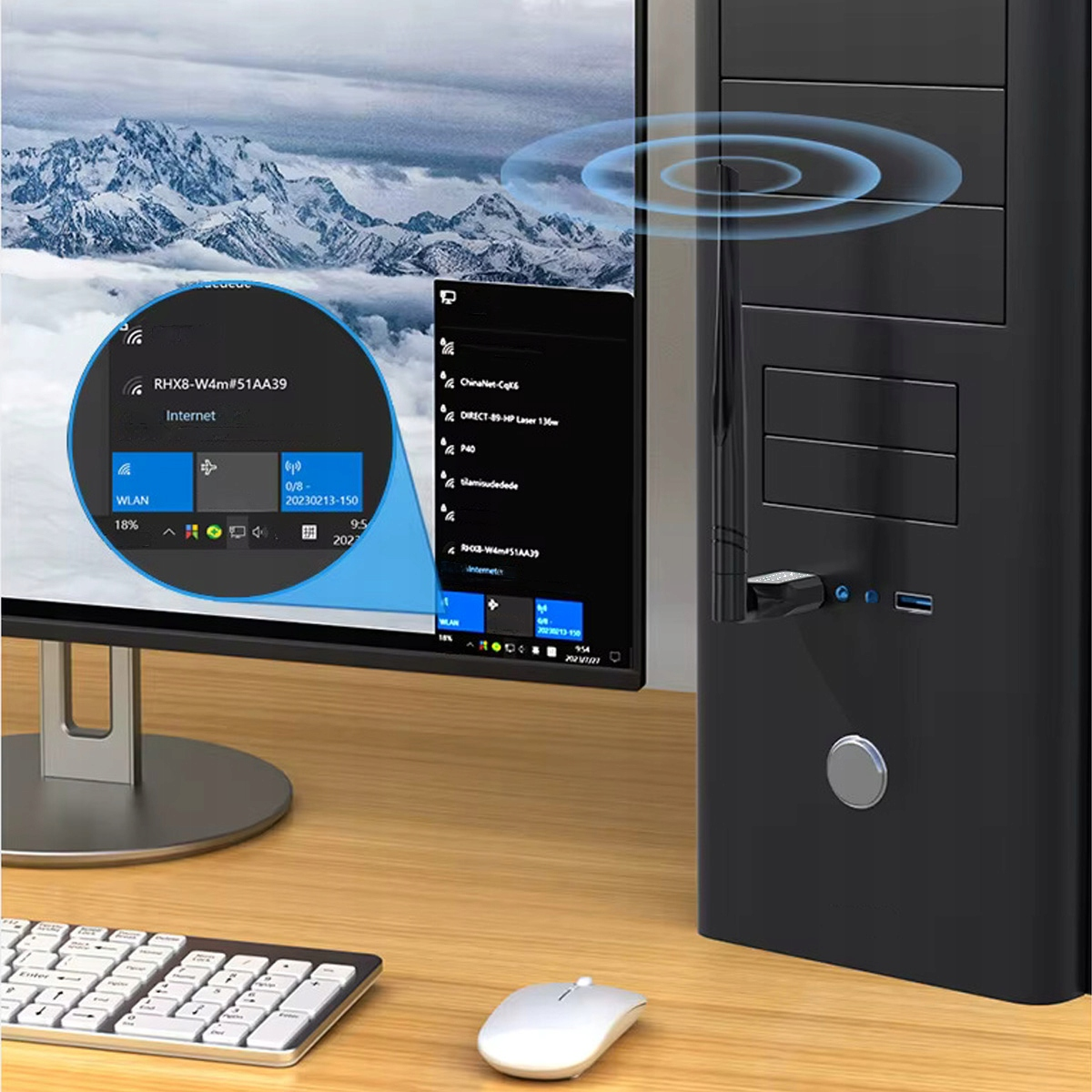 Adapter Wi-Fi podłączony do komputera. Ekran pokazuje połączenie sieciowe.