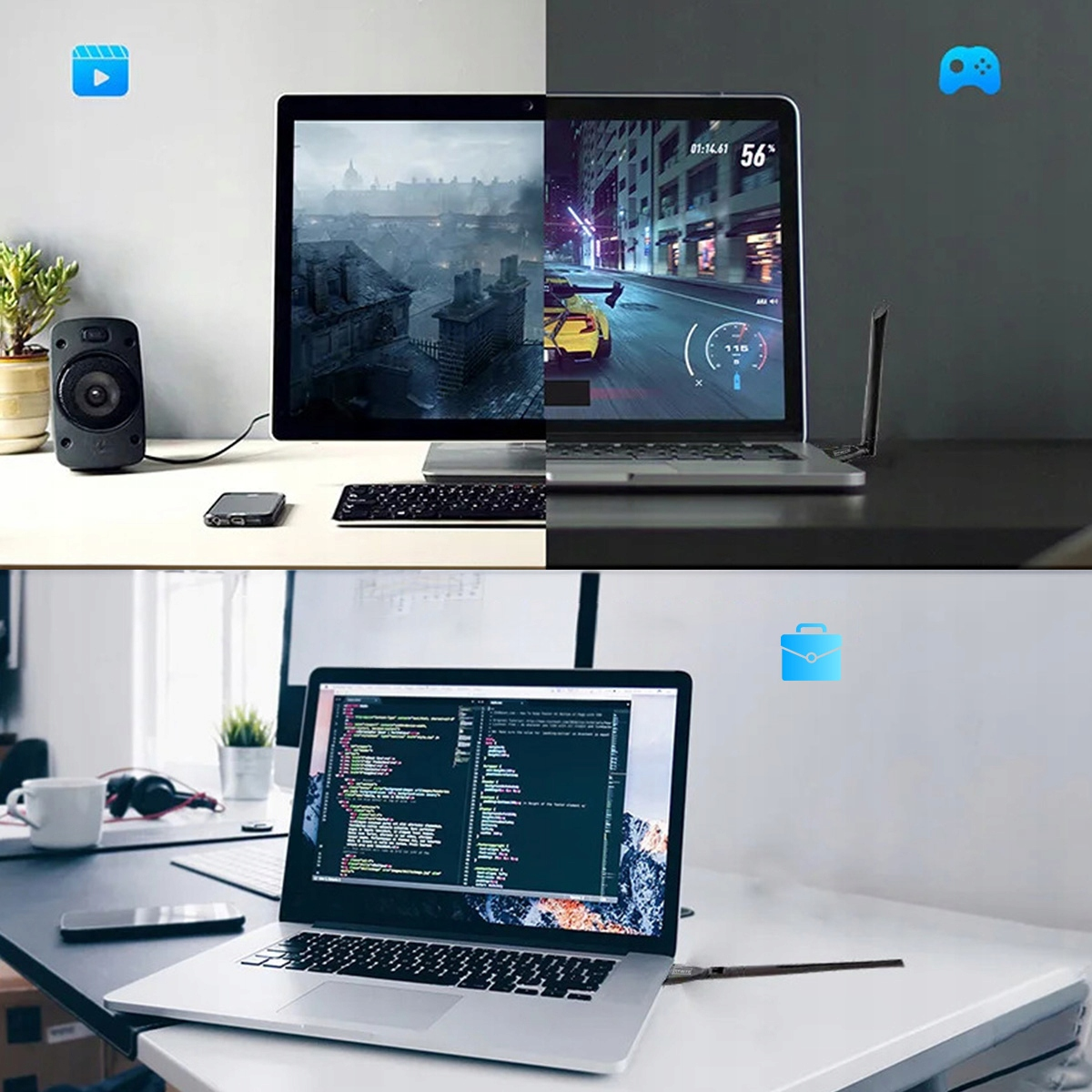 Podzielony ekran: Laptop do gier na górze, laptop do kodowania na dole. Urządzenia na biurkach.