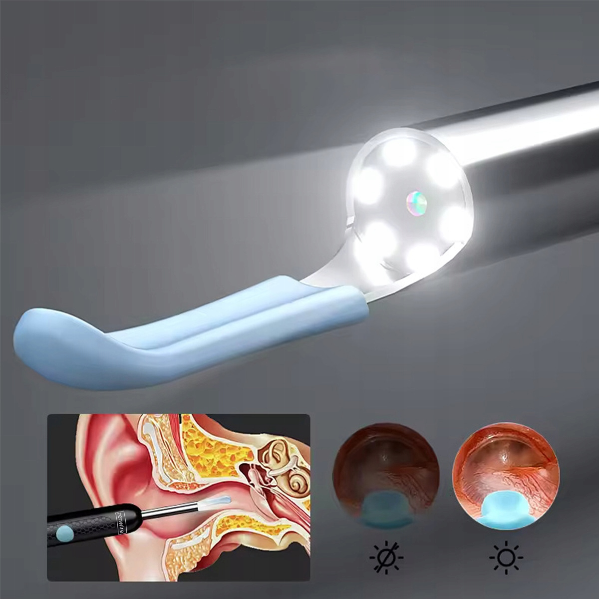 Narzędzie medyczne z lampkami do czyszczenia uszu, z ilustracjami anatomicznymi.