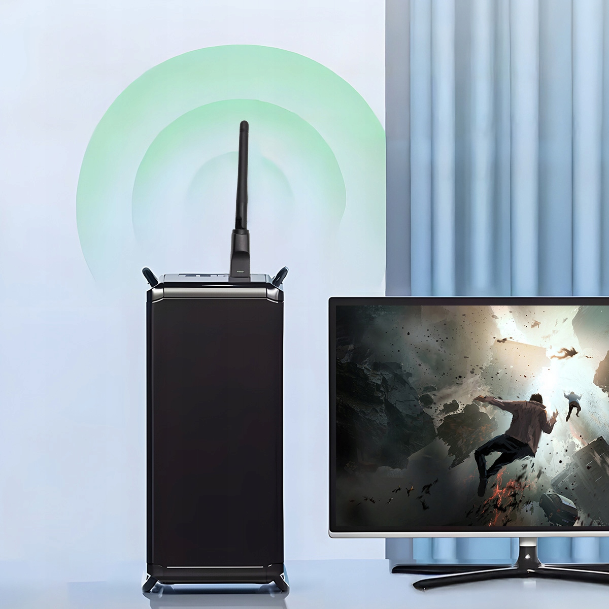 Czarna wieża z anteną, zielone fale, telewizor pokazuje scenę akcji.