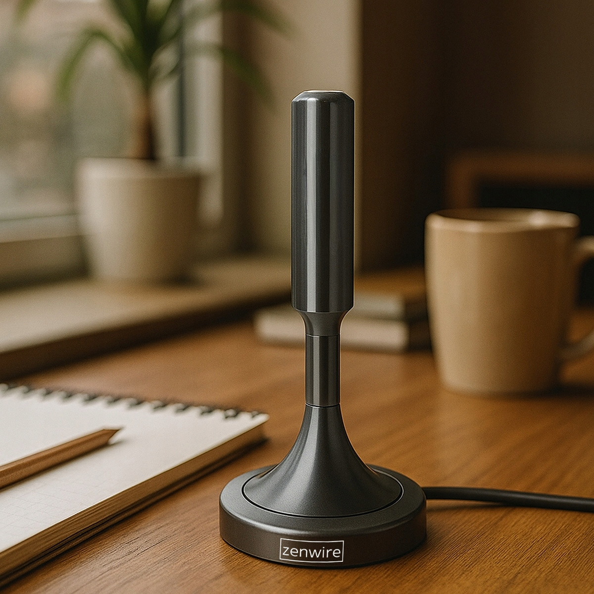 Szary mikrofon Zenwire na drewnianym biurku obok notatnika.