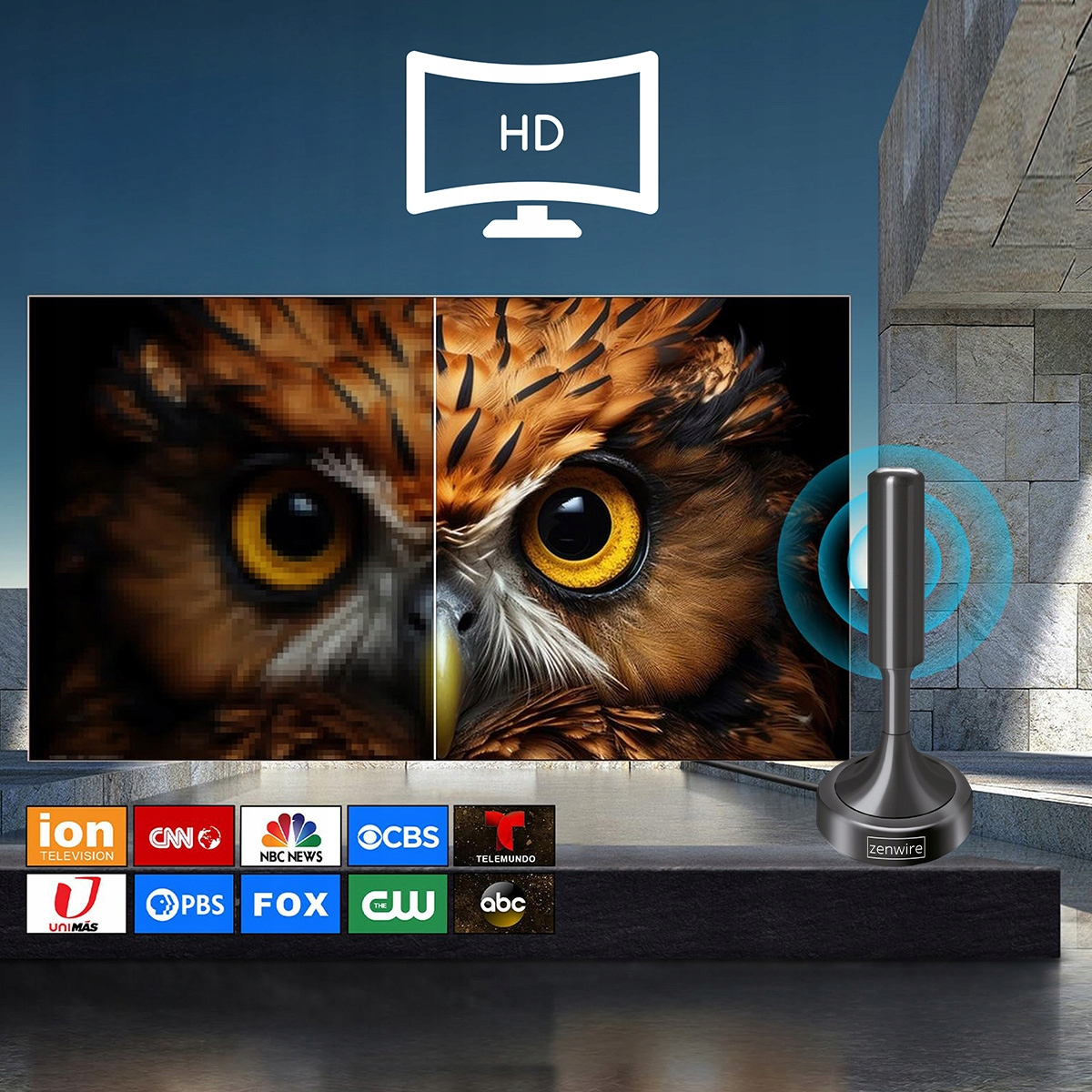 Ekran HD z porównaniem oczu sowy, logo kanałów TV i anteną.