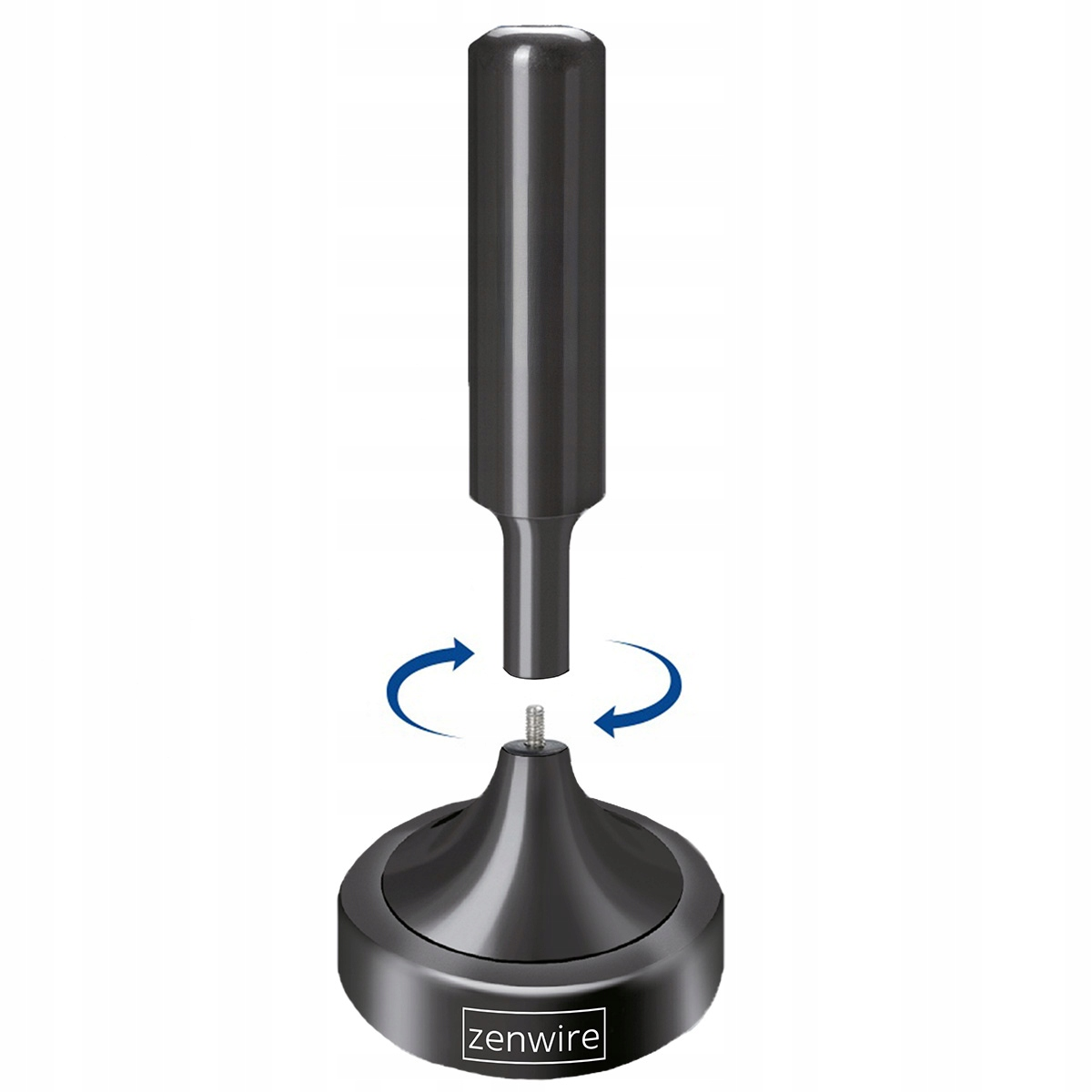 Ciemny, cylindryczny pręt jest pokazany nad ciemną podstawą ze strzałkami.