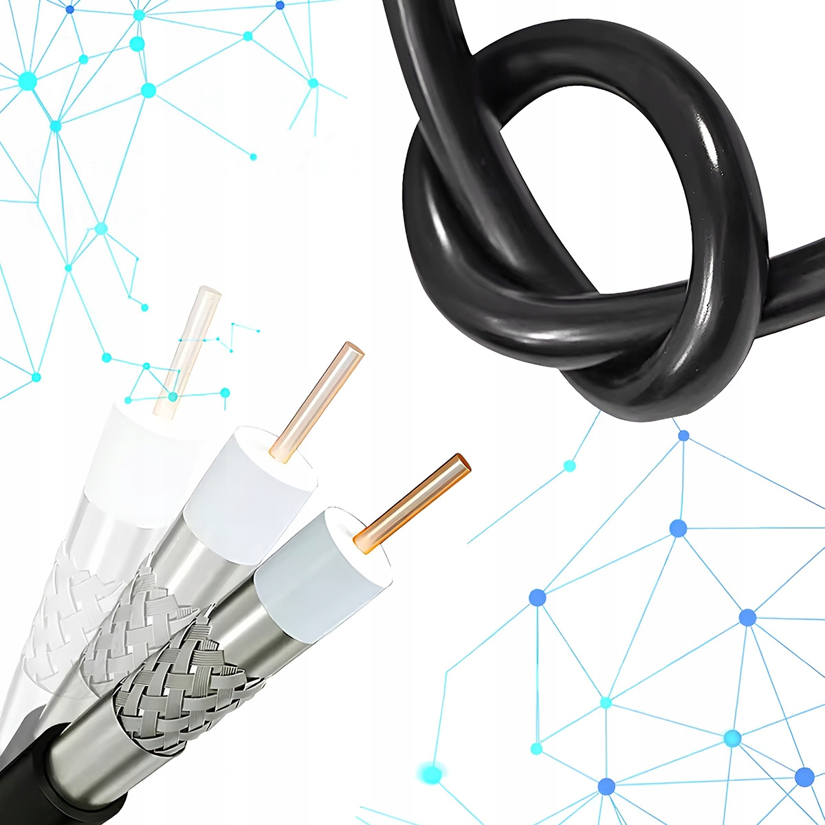 Czarny węzeł kabla z trzema kablami koncentrycznymi z przodu, niebieska grafika sieci.