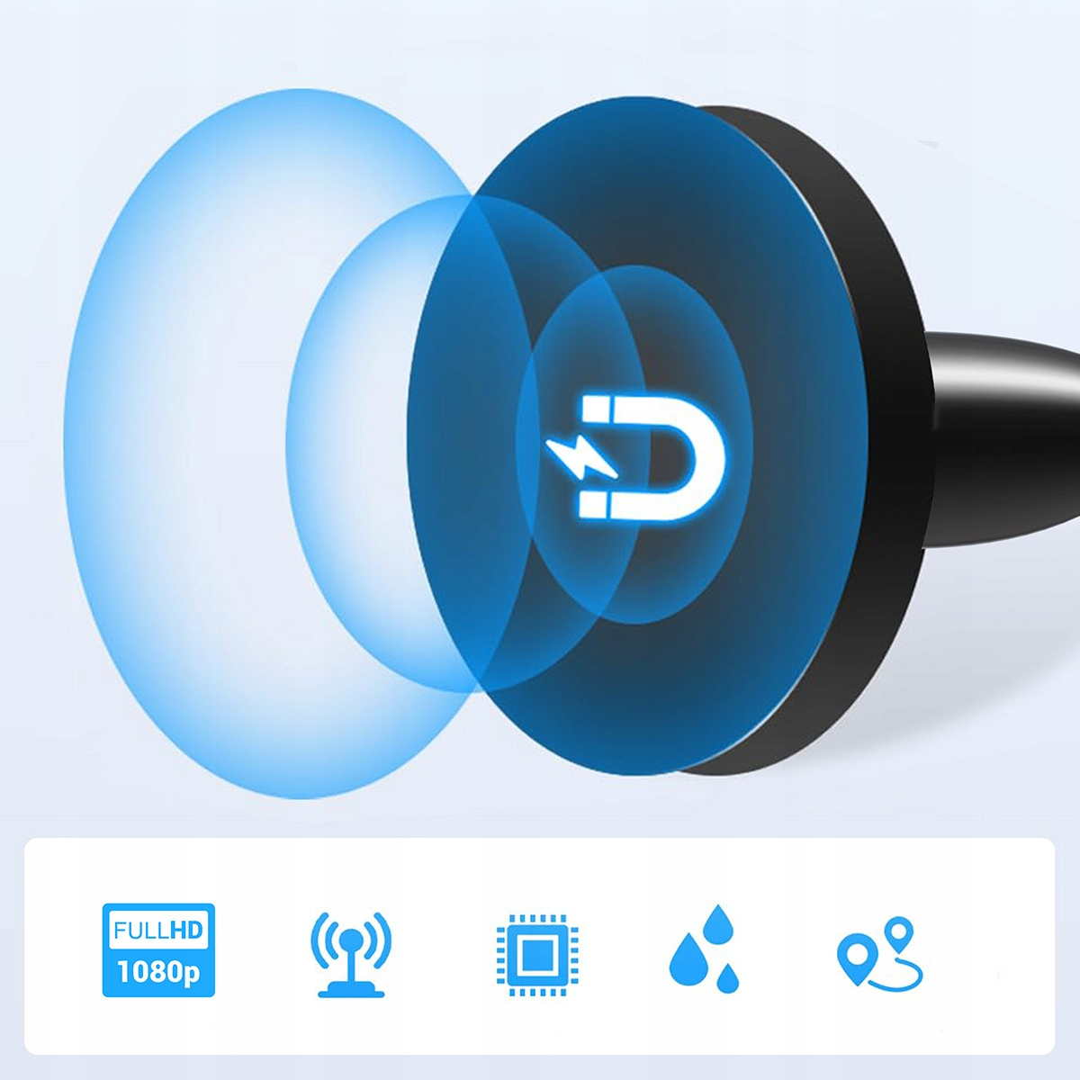 Symbol magnesu z błyskawicą, otoczony niebieskimi kołami. Na dole: ikony 1080p, WiFi, chip, krople, lokalizacja.