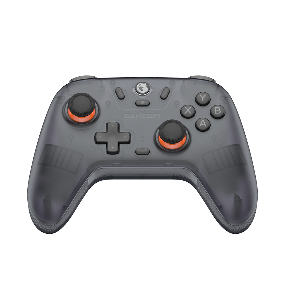 Un controller da gioco grigio trasparente con accenti arancioni e stick neri.