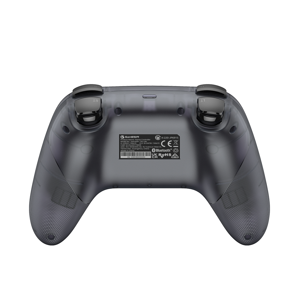 Retro di un controller di gioco trasparente scuro con etichette.