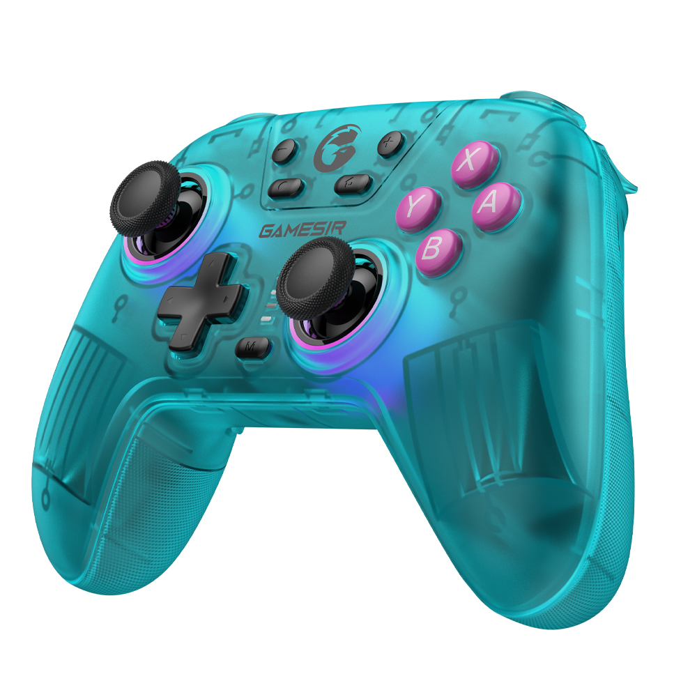 Ein durchsichtiger, türkisfarbener Gamecontroller mit schwarzen und pinken Knöpfen.