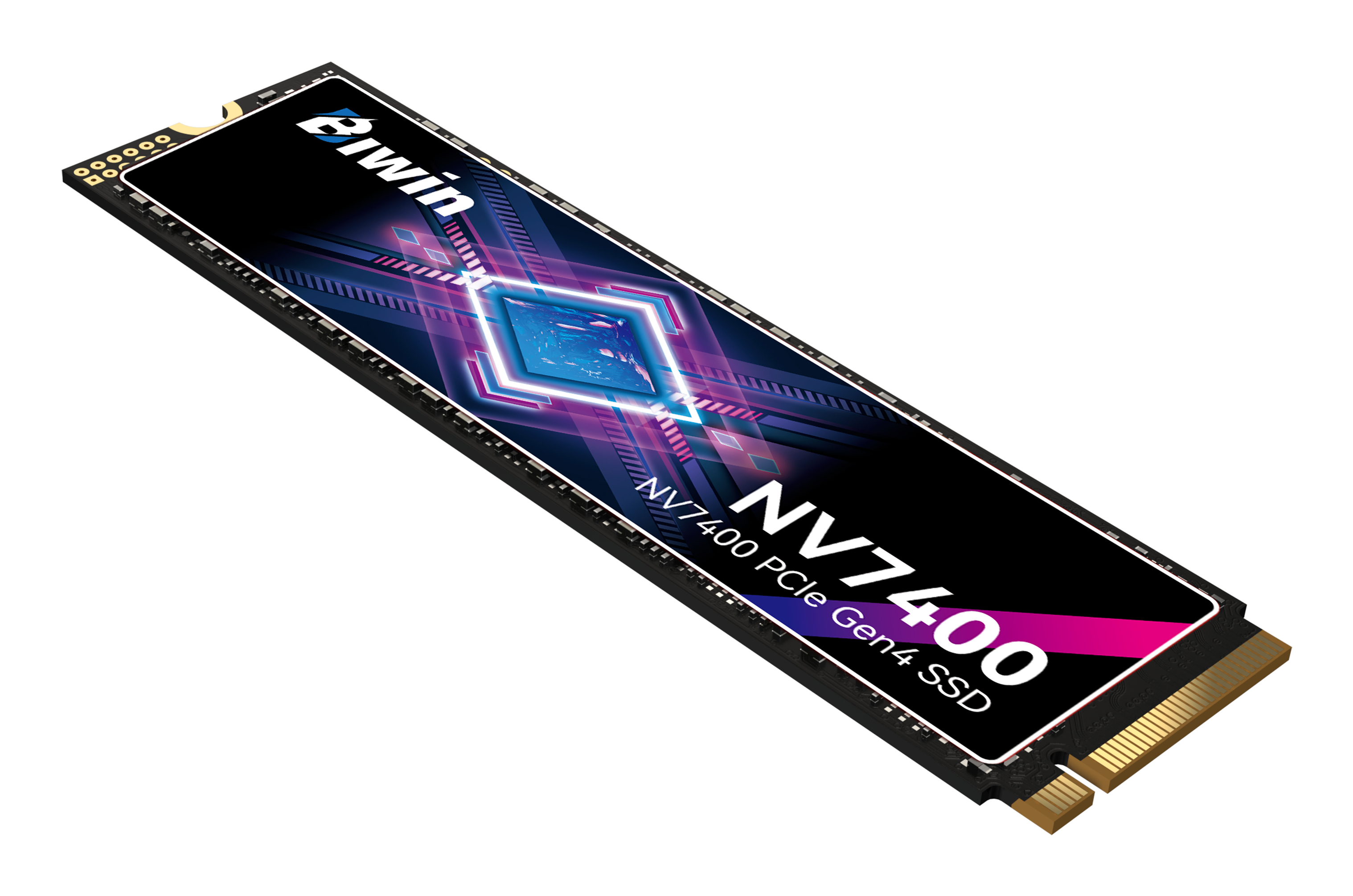 Un SSD Biwin NV7400 PCIe Gen4 con un diamante blu stilizzato e linee viola.