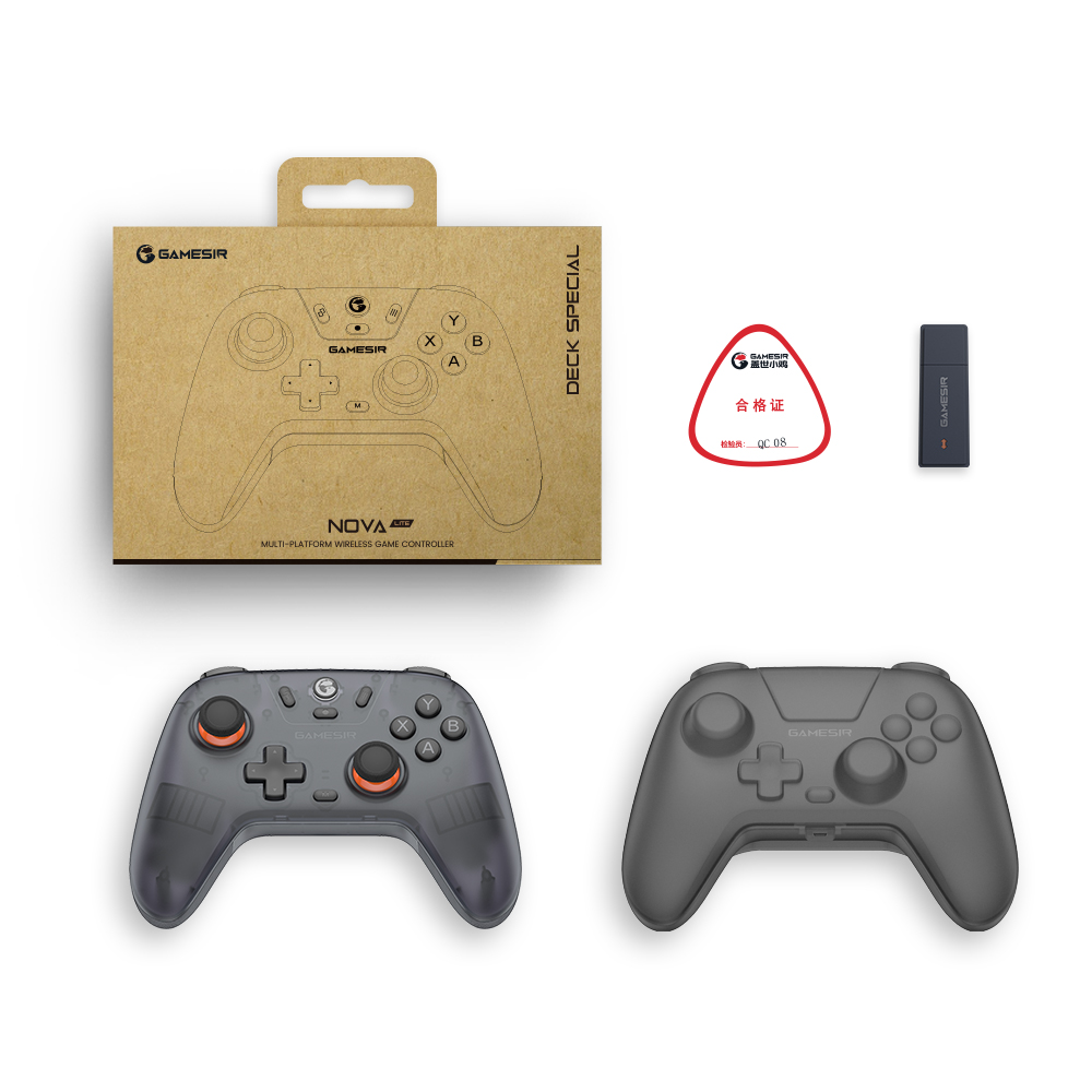 Confezione Gamesir con due controller, un dongle USB e un certificato.