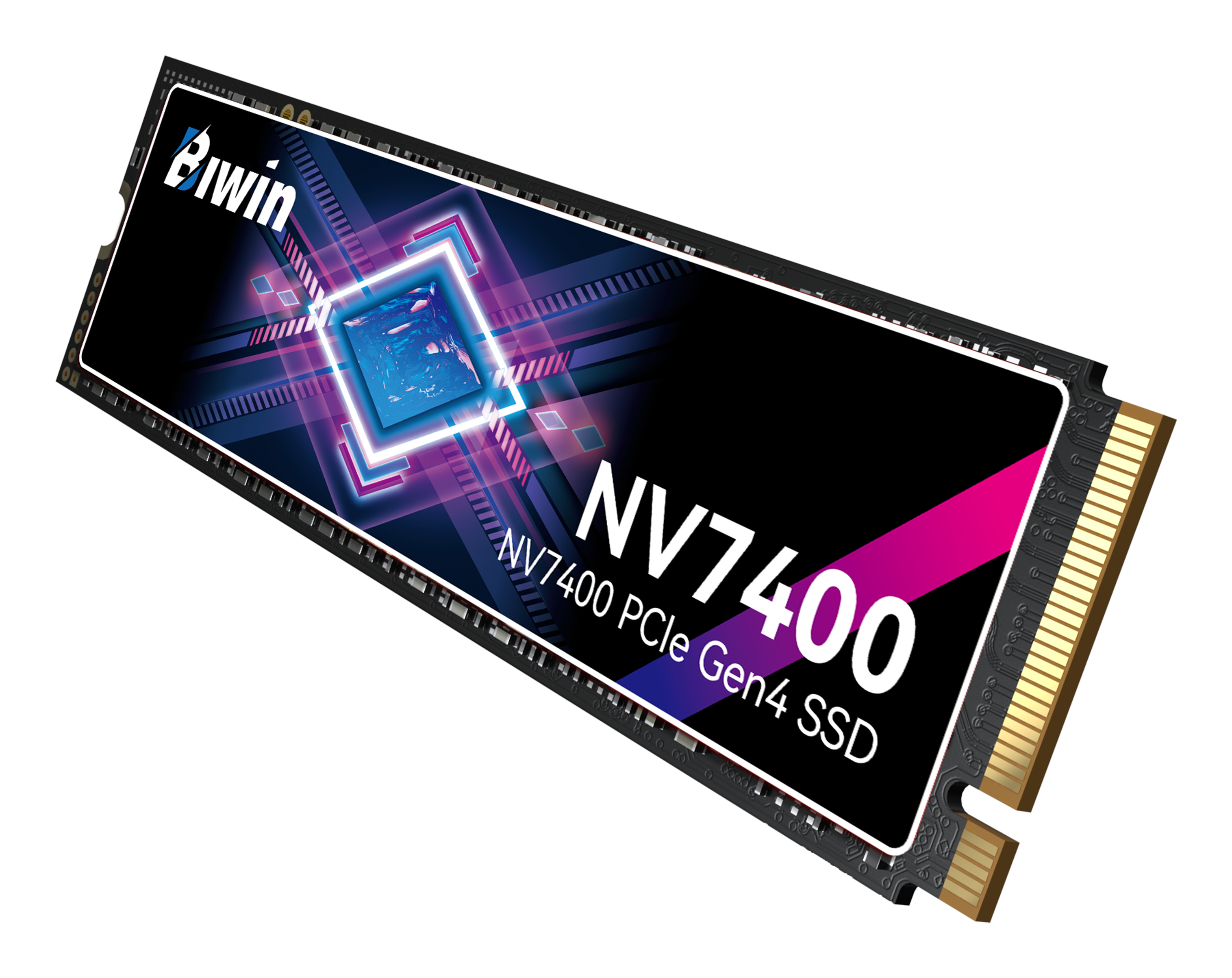 Un'unità SSD Biwin NV7400 PCIe Gen4 con etichetta nera e design geometrico.