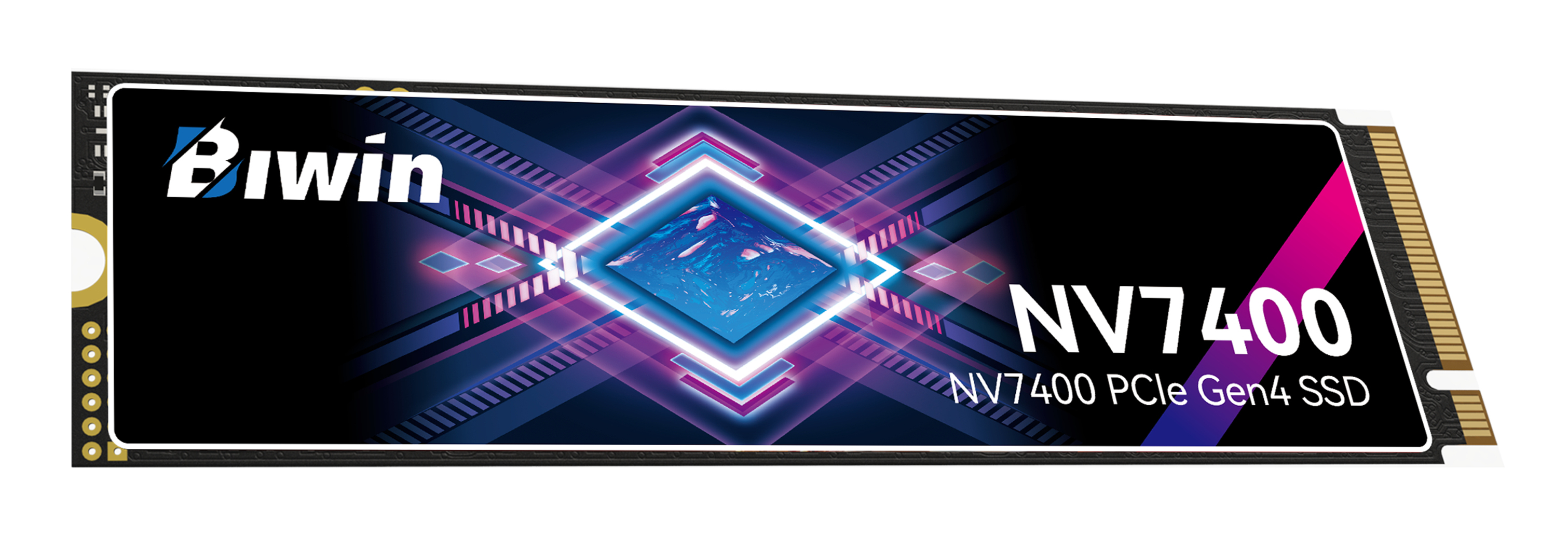 SSD Biwin NV7400 con design al neon e grafica di montagna.