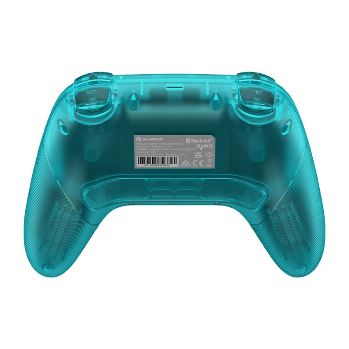 Ein durchsichtiger blauer Gamecontroller von GameSir mit Beschriftungen auf der Rückseite.