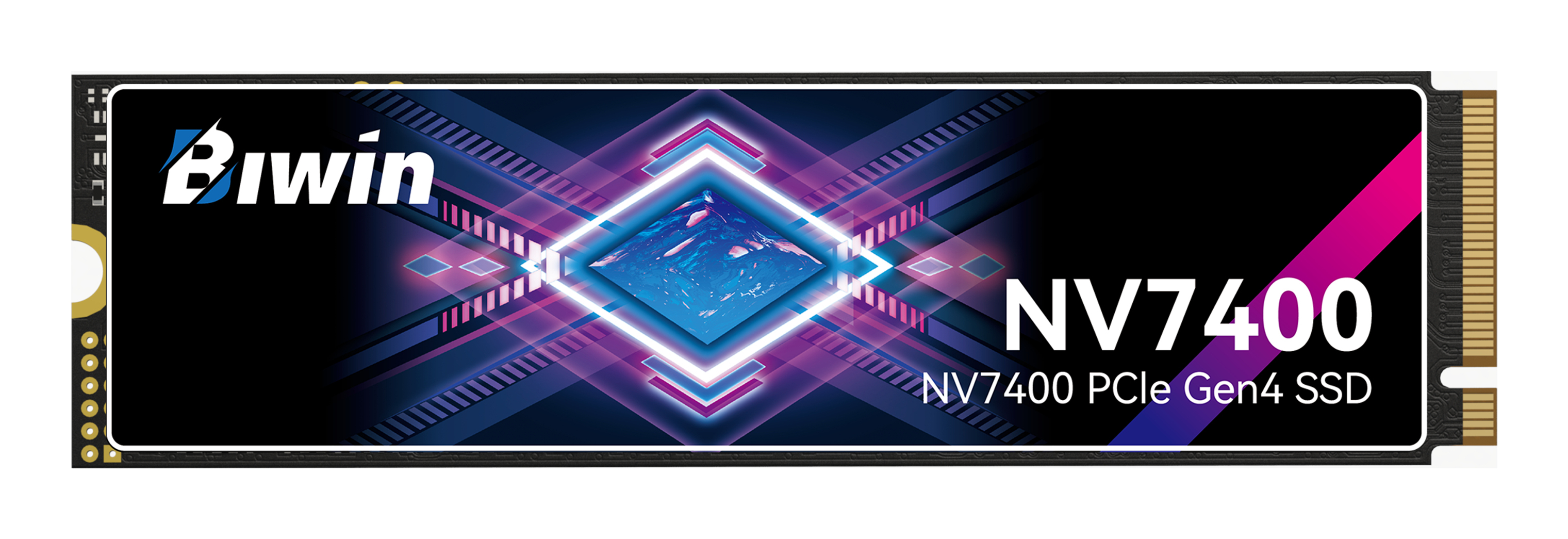 Un SSD Biwin NV7400 con design stilizzato di montagna e motivi geometrici.