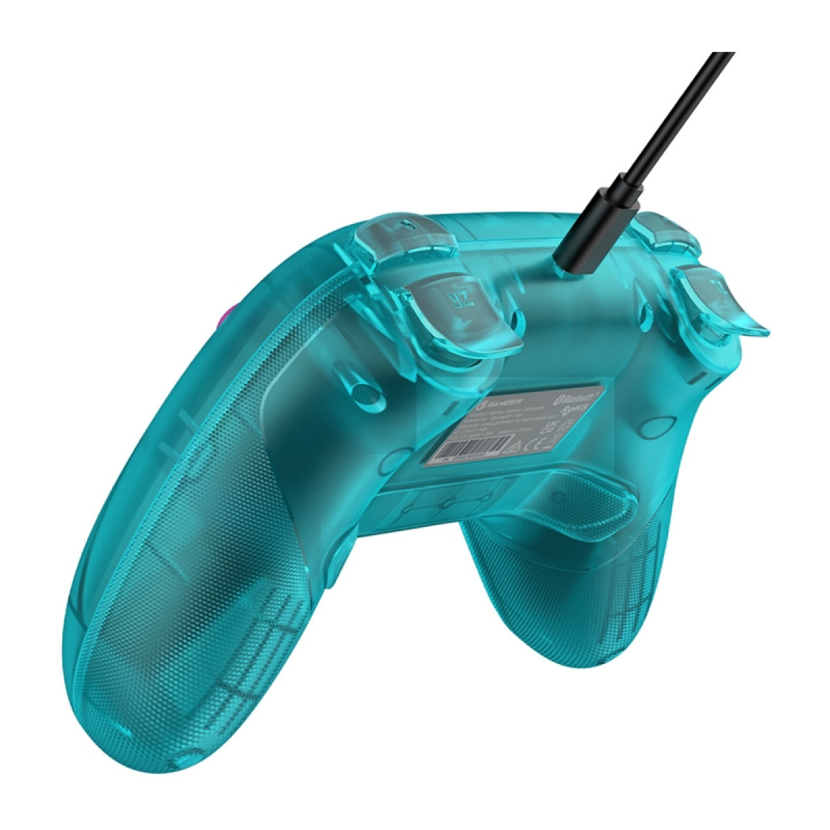 Transparenter türkiser Gamecontroller mit schwarzem Kabel, das angeschlossen ist.
