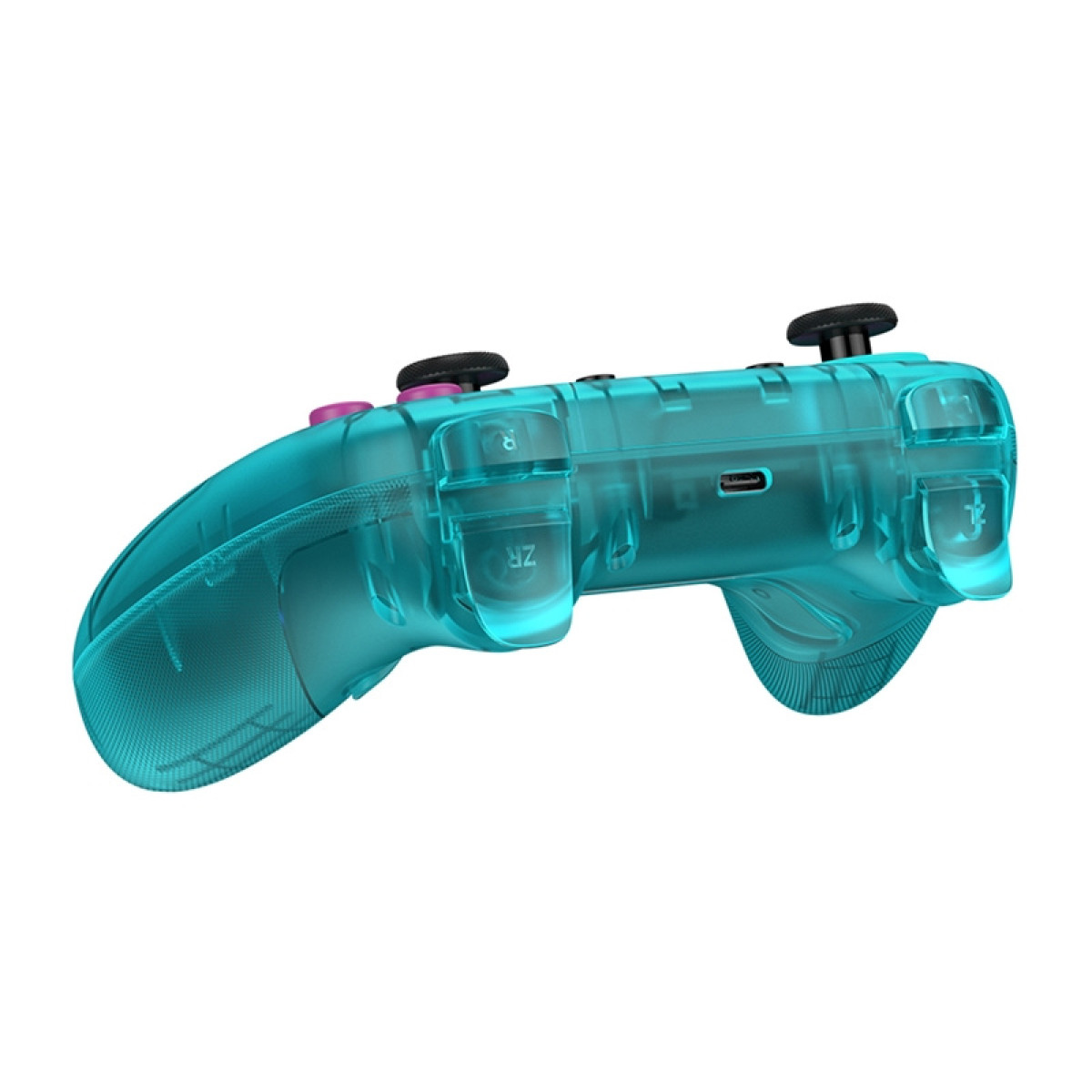 Ein durchsichtiger türkisfarbener Controller mit schwarzen Joysticks und Knöpfen.