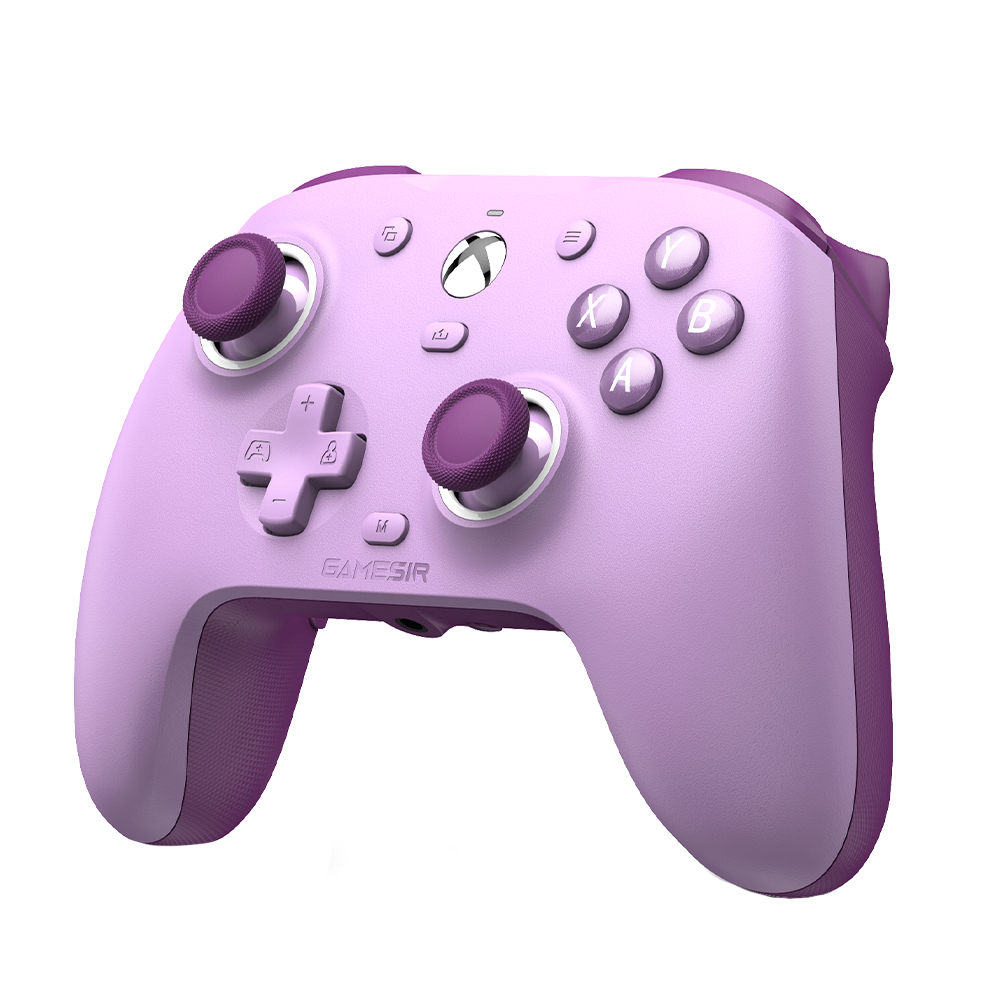 Un controller viola lavanda con accenti e pulsanti viola.
