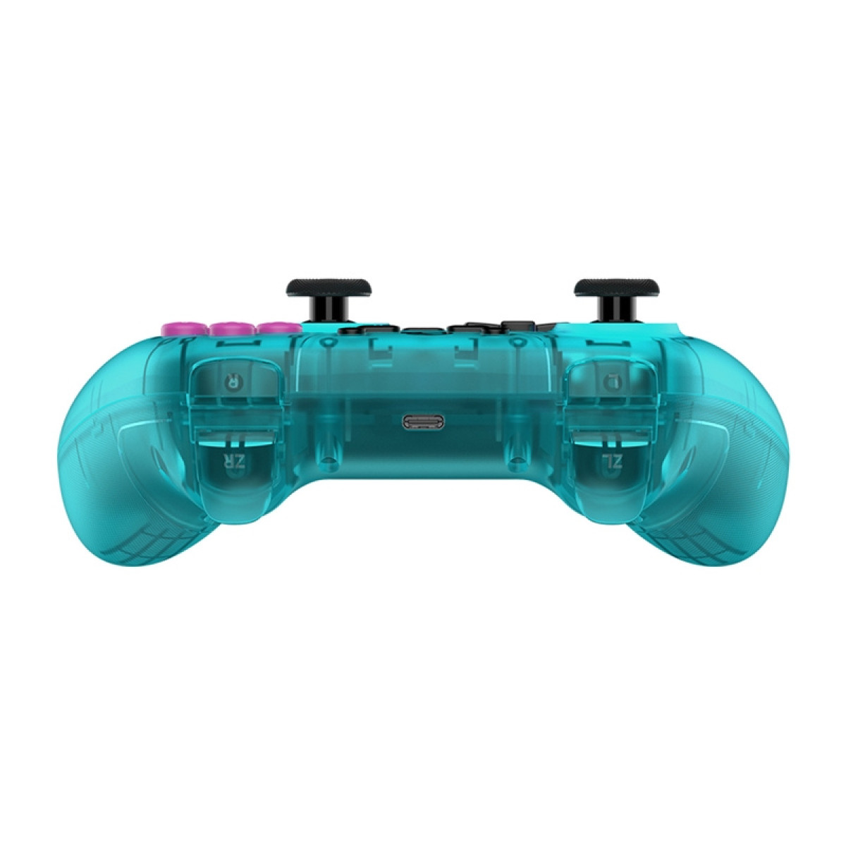 Ein durchsichtiger türkisfarbener Controller mit schwarzen Sticks und Knöpfen.