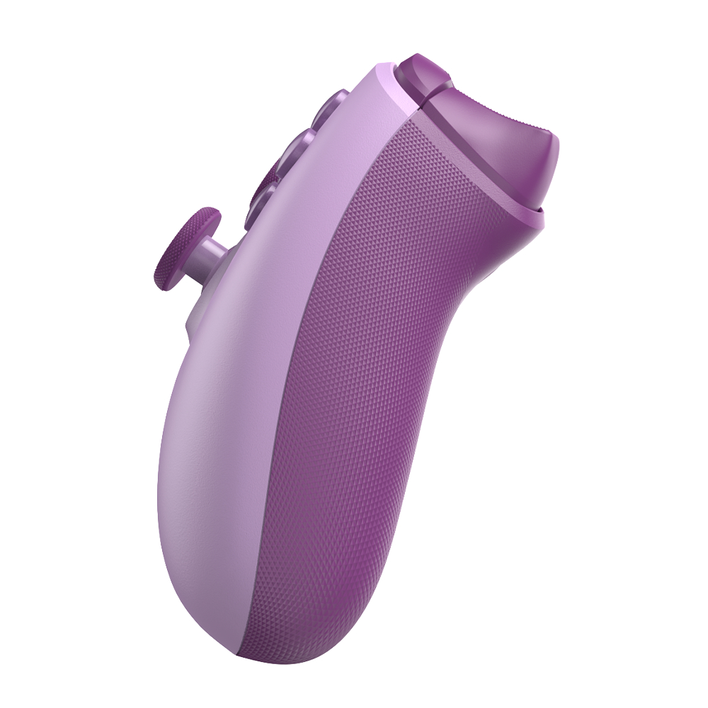 Un controller di gioco viola con impugnature e pulsanti testurizzati.