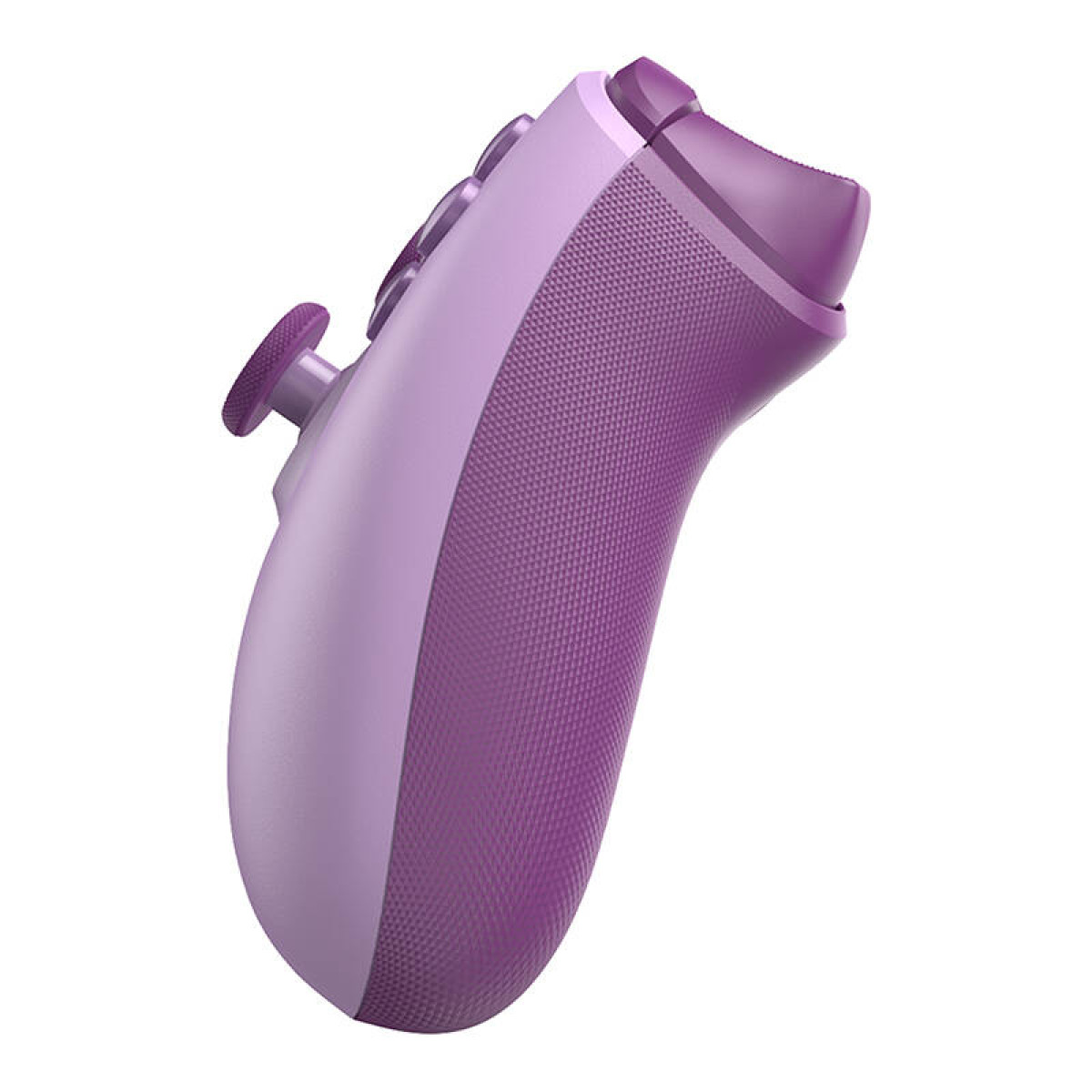 Controller da gioco viola con impugnature e pulsanti testurizzati.