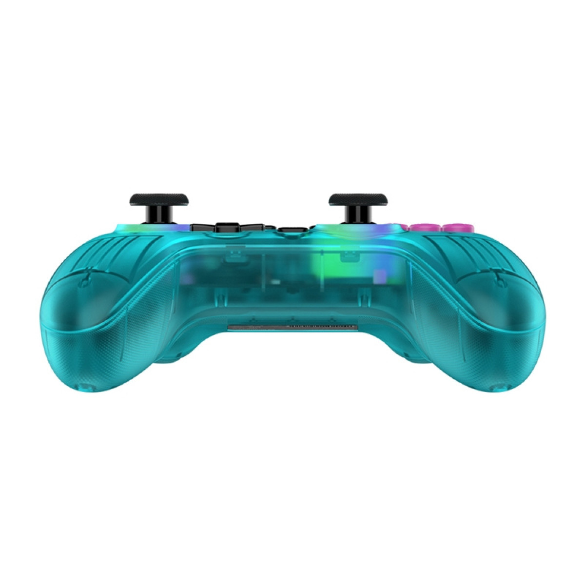 Ein durchsichtiger, türkisfarbener Gamecontroller mit beleuchteten Tasten und Joysticks.