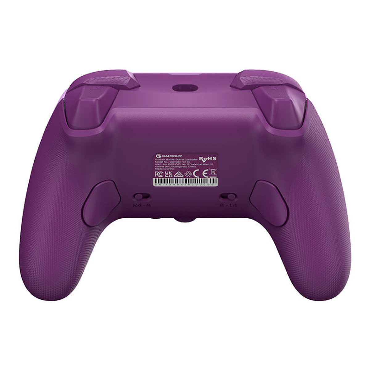 Retro di un controller di gioco viola con informazioni sul prodotto e sigilli.