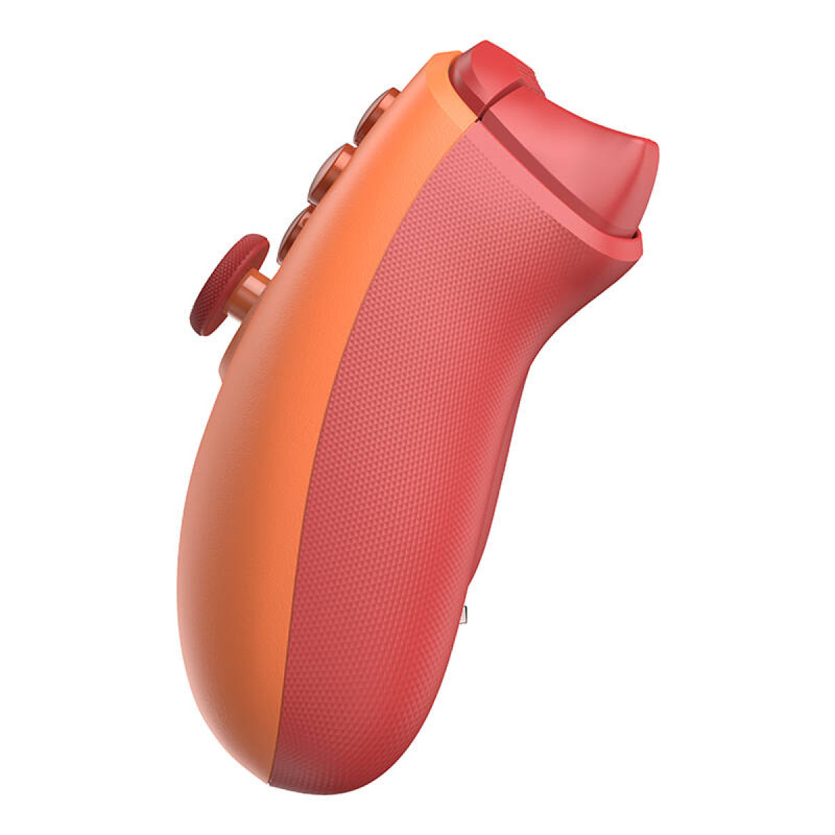Un gamepad arancione e rosso con impugnatura testurizzata e pulsanti.