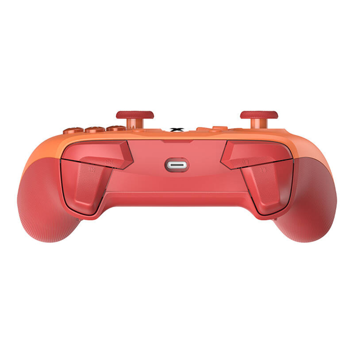 Un controller arancione e rosso con due joystick e una porta USB-C.