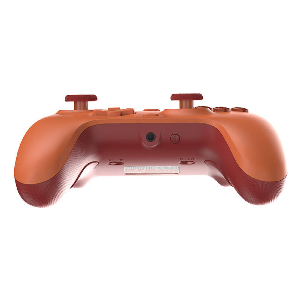 Un controller bicolore arancione e rosso scuro, con due joystick e pulsanti.