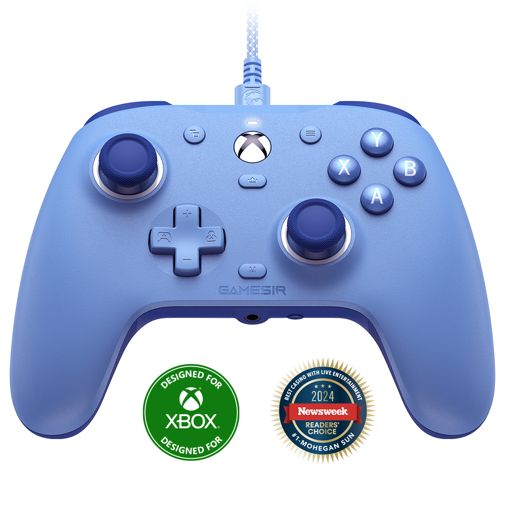 Un controller Xbox blu con due joystick, pulsanti e un cavo.
