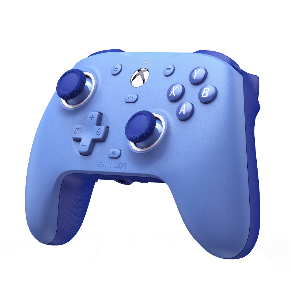 Un controller da gioco blu con due joystick, pulsanti e D-pad.