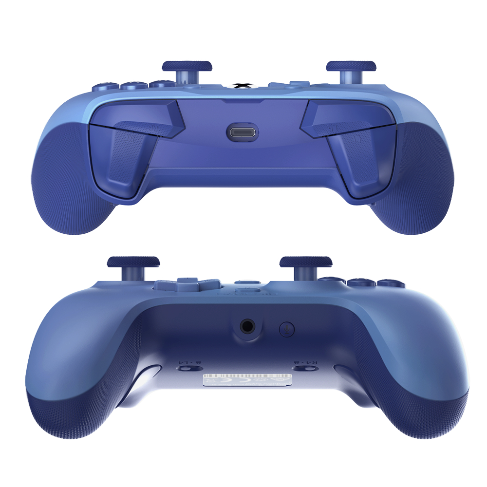 Due viste di un controller blu con porta USB-C e jack per cuffie.