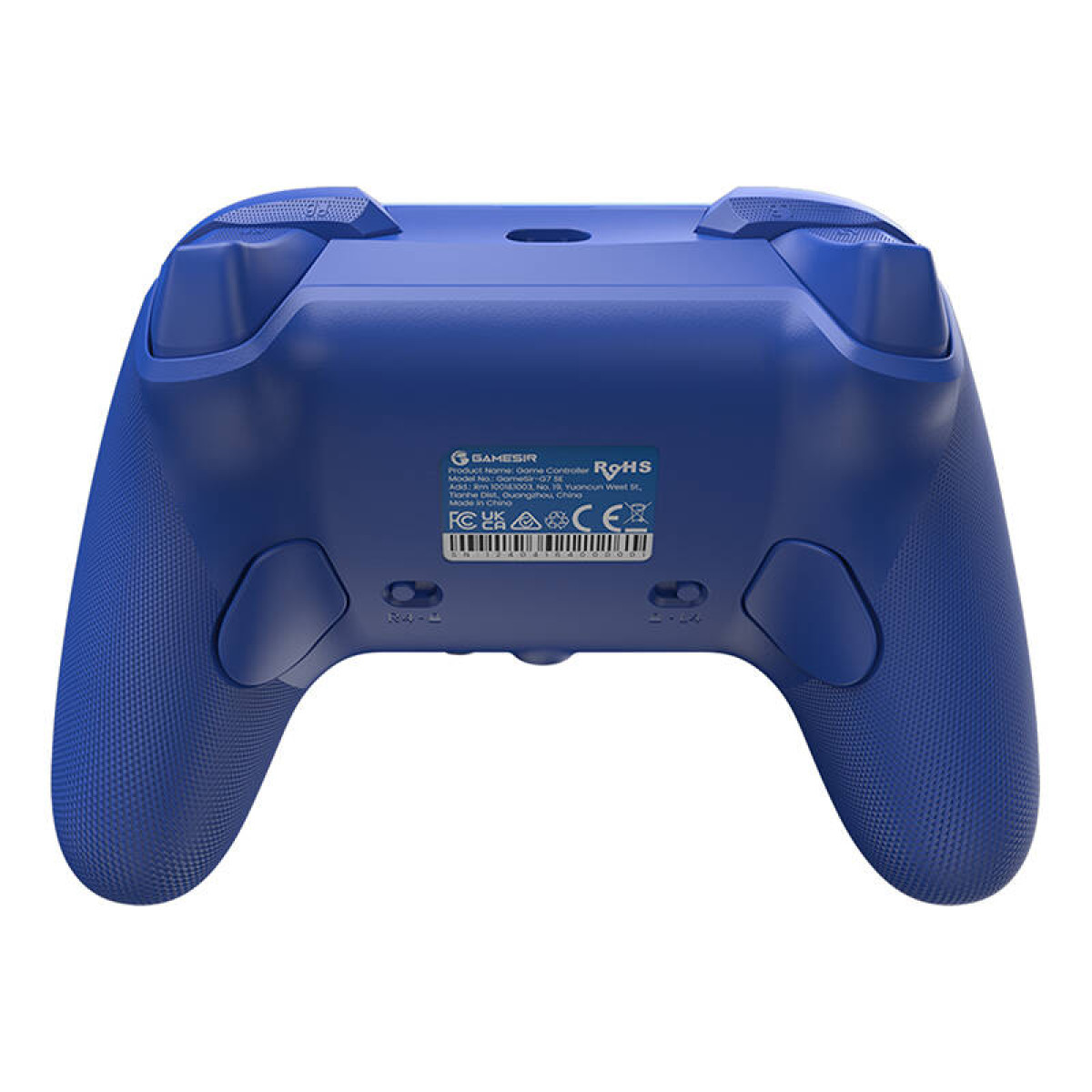 Il retro di un controller di gioco blu con dettagli adesivi.