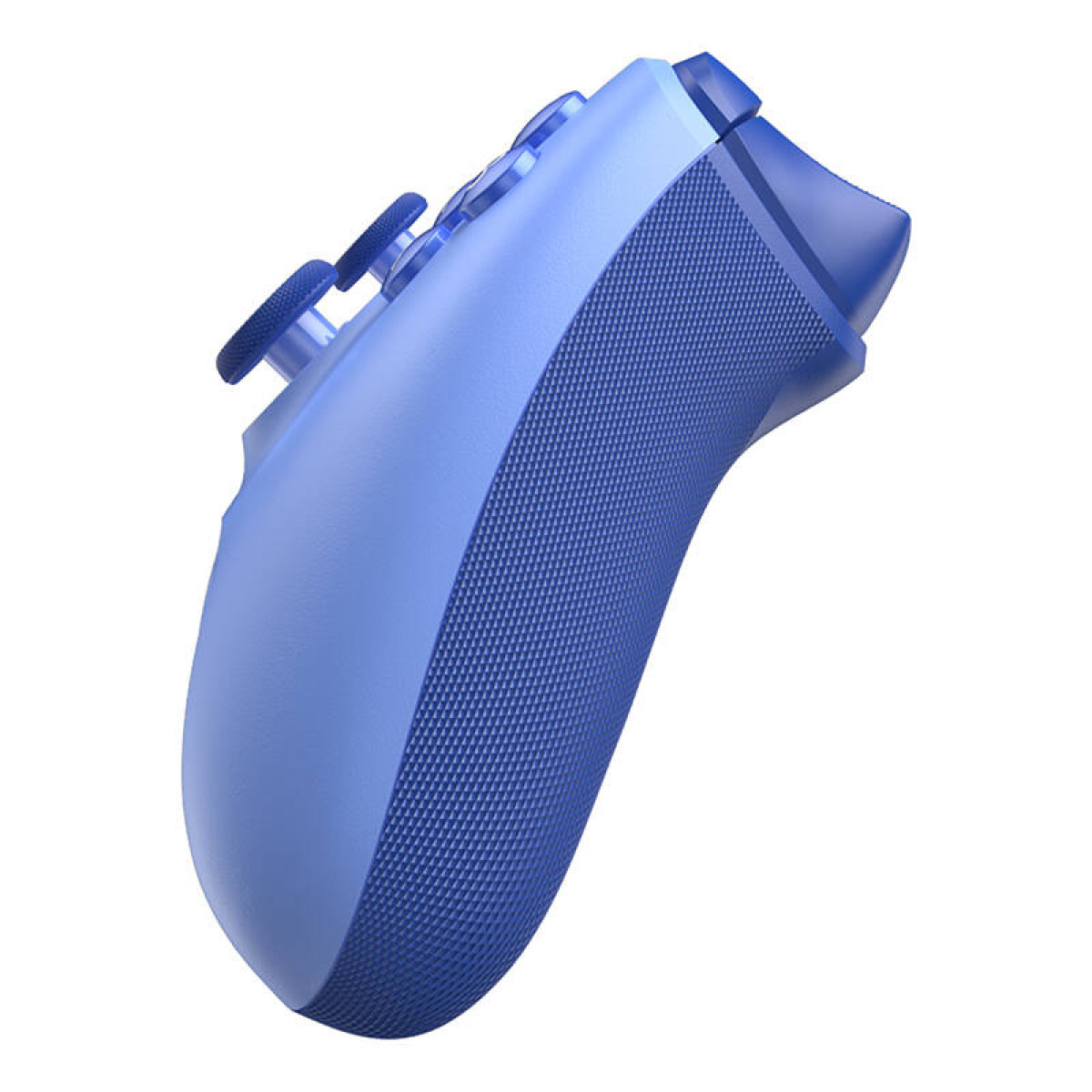Un controller di gioco blu con impugnatura testurizzata e pulsanti.
