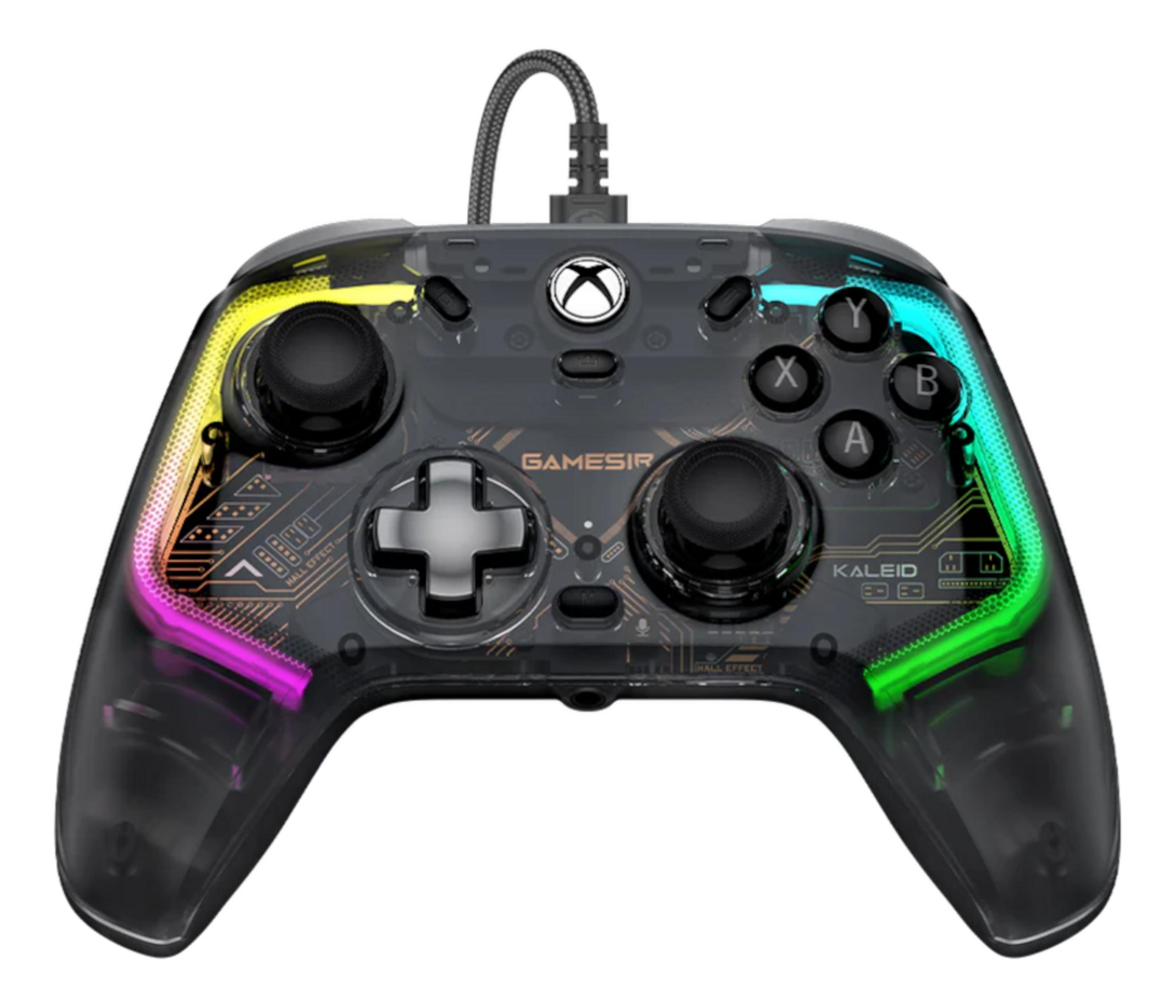 Controller Xbox trasparente con illuminazione RGB e cavo.