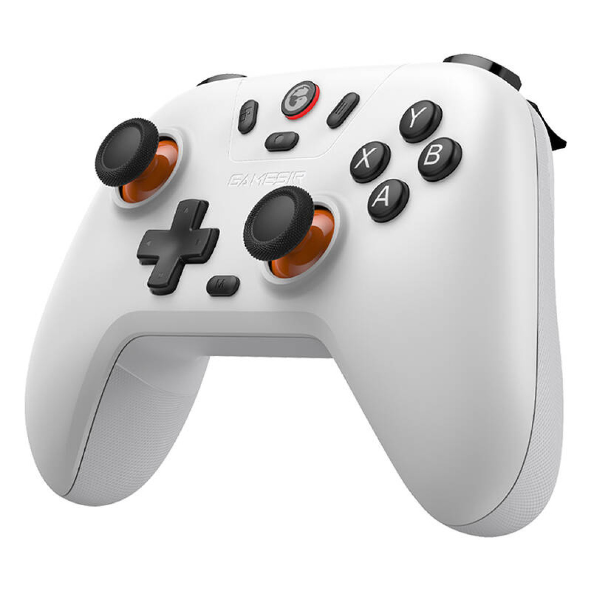Un controller di gioco bianco con accenti neri e arancioni.